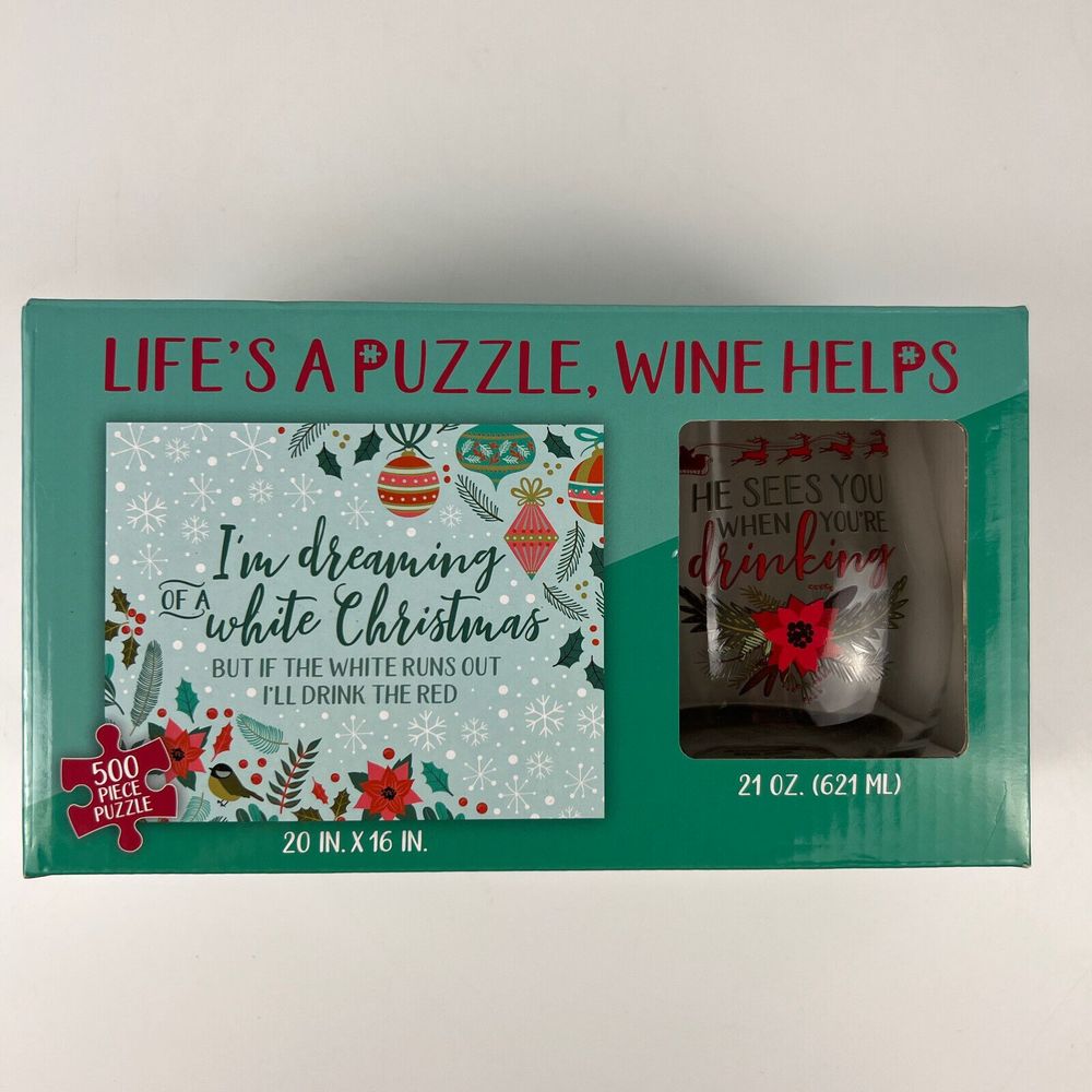 Jigsaw Puzzle & Stemless Wine‎ Glass Gift Set “Life’s A Puzzle, Wine Helps”